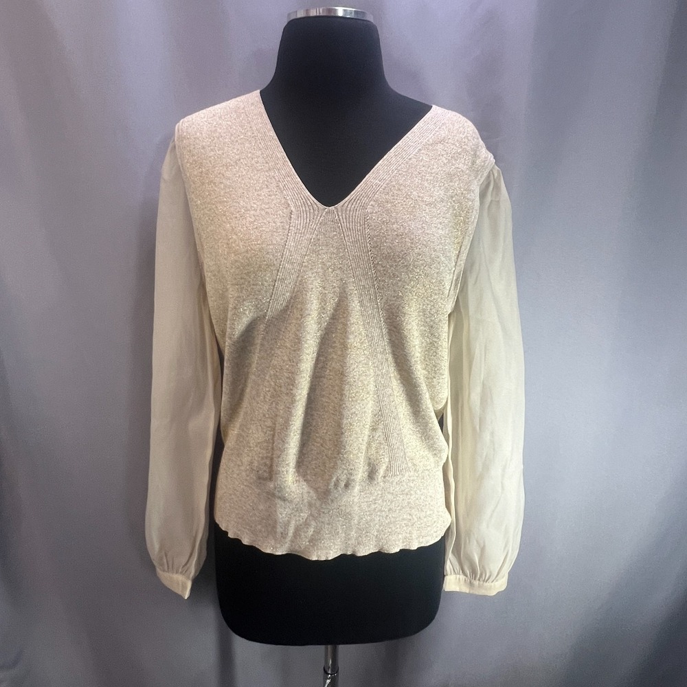 Talbots Pullover Sweater Women L Beige Metallic Woven Sleeve V Neck Straight Hem